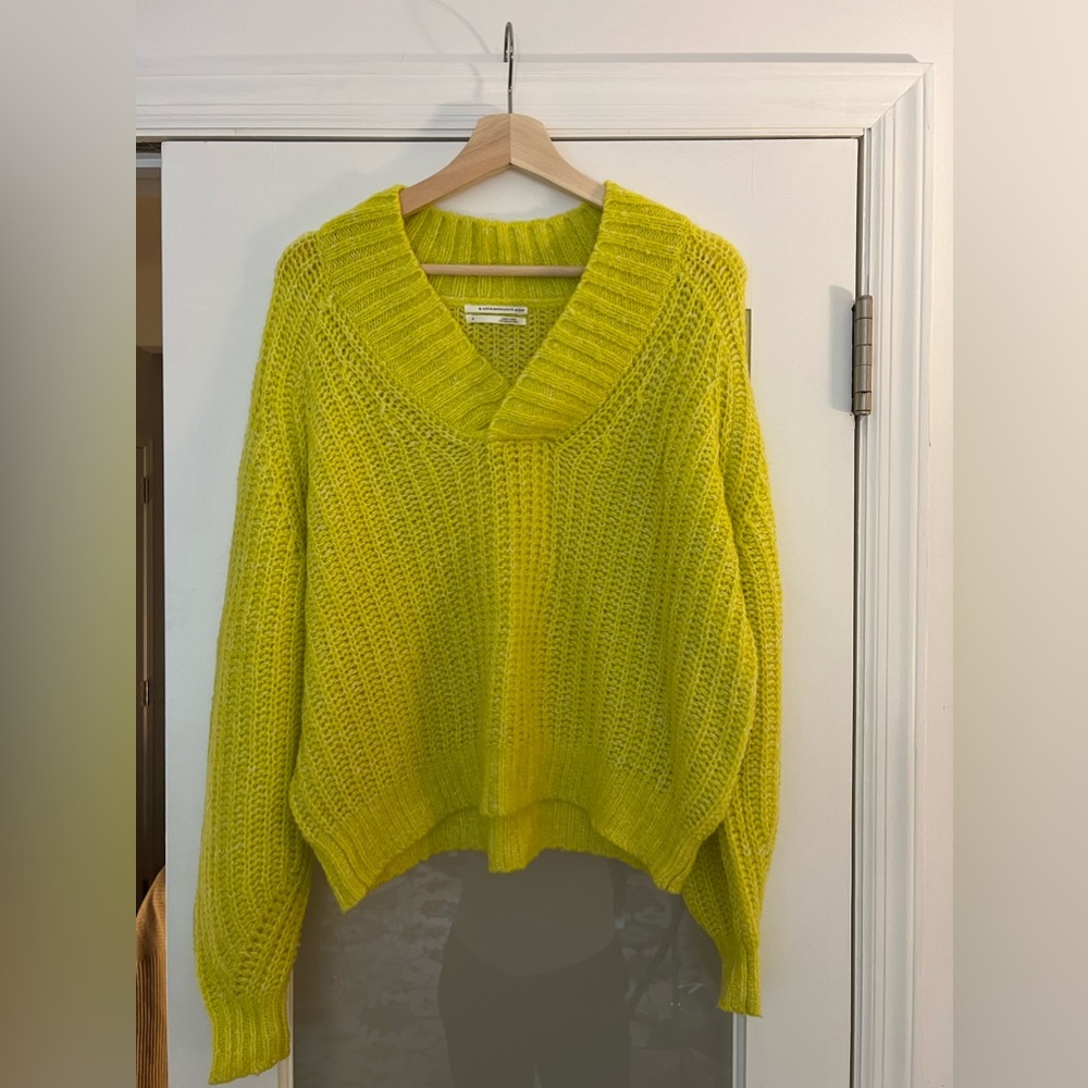 Anthropologie v-neck neon green yellow wool blend sweater